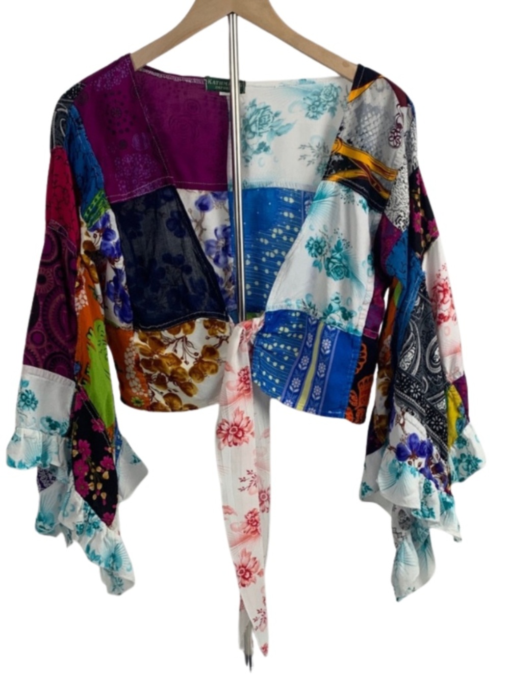 Patchwork Colorful Wrap Top Belle Sleeves Women's Front Tie Boho Chic Vintage